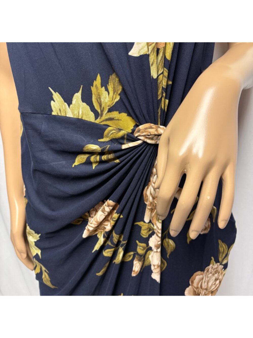 Nine Britton Midi Dress Womens XL Navy Floral Ruched Faux Wrap Bodycon Stretch - Picture 3 of 8